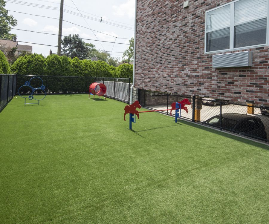 Fenced outdoor dog play area with agility equipment on artificial grass next to a brick building.