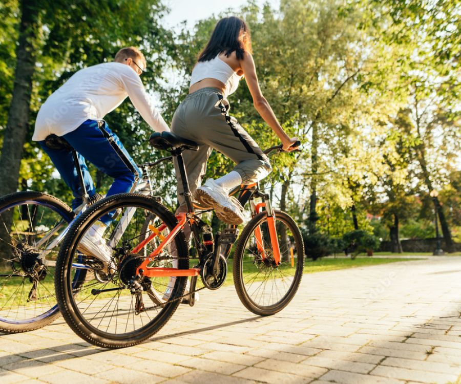 Two people riding bicycles on a sunny path in a park surrounded by green trees.