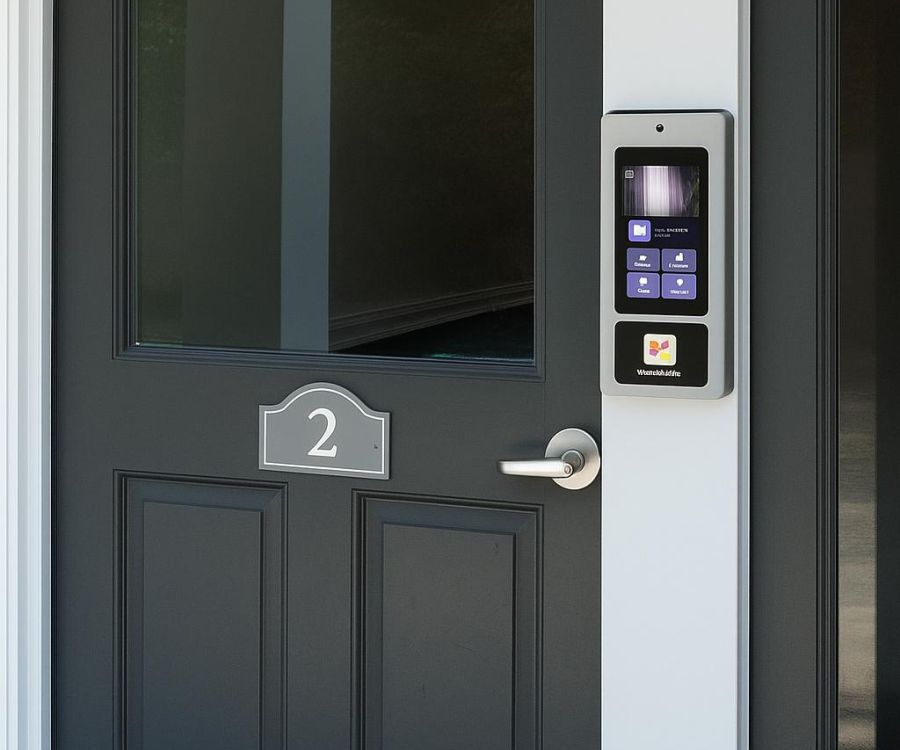 A black door labeled "2" with a smart access keypad and card reader mounted beside it.