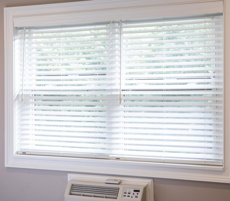 White window blinds partially open with greenery visible outside and an air conditioner below the window.