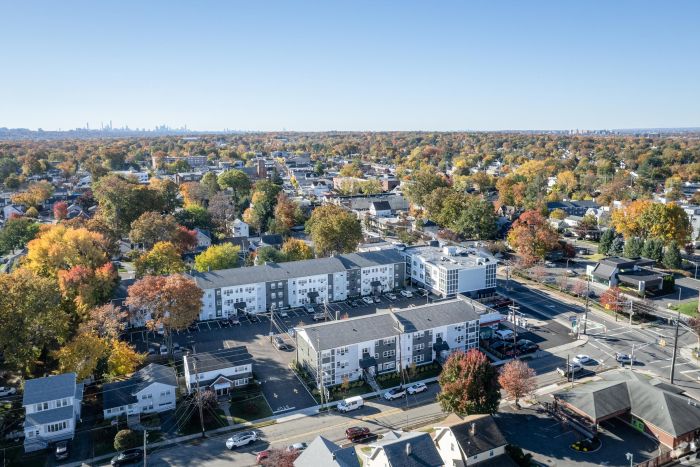 Hickory Manor Aerial view of a suburban neighborhood with autumn trees and distant city skyline under a clear sky.