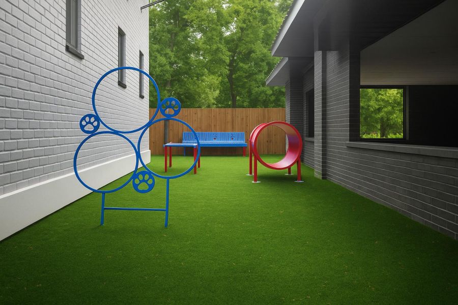 North Washington Square at Hickory Two cream chairs and a wooden table with plants and decor against a modern, light wall.