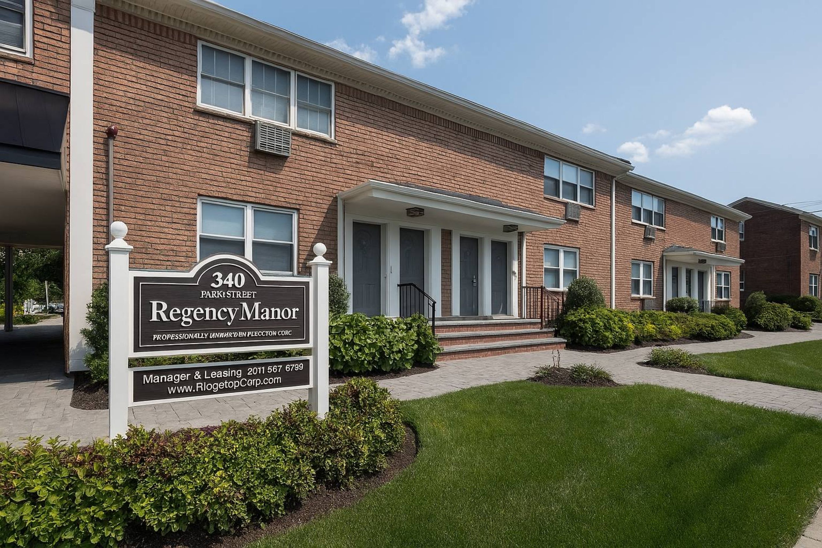 Red-brick apartment building with manicured lawn and a "Regency Manor" leasing sign in front.