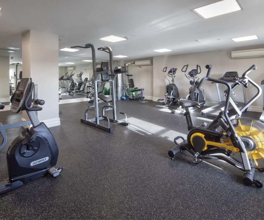 The Atrium A modern gym with various exercise machines, including bikes, treadmills, ellipticals, and weight equipment.