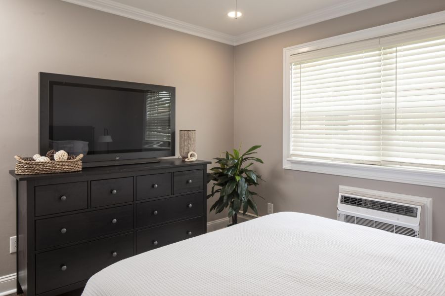 The Courtyard @ Clifton Modern bedroom with a black dresser, flat screen TV, potted plant, and a window with closed blinds.