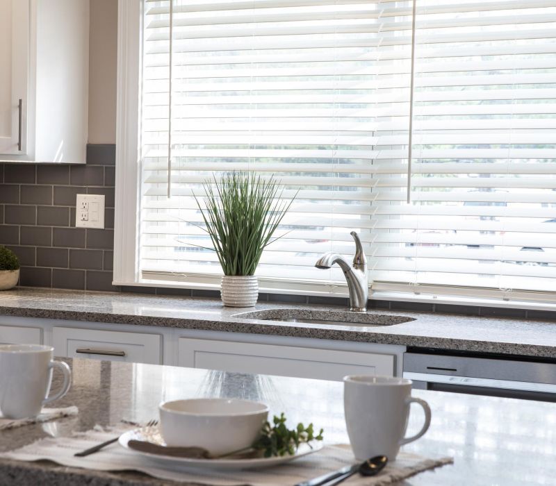 Modern kitchen with gray countertops, a potted plant by the sink, and place settings on the island.