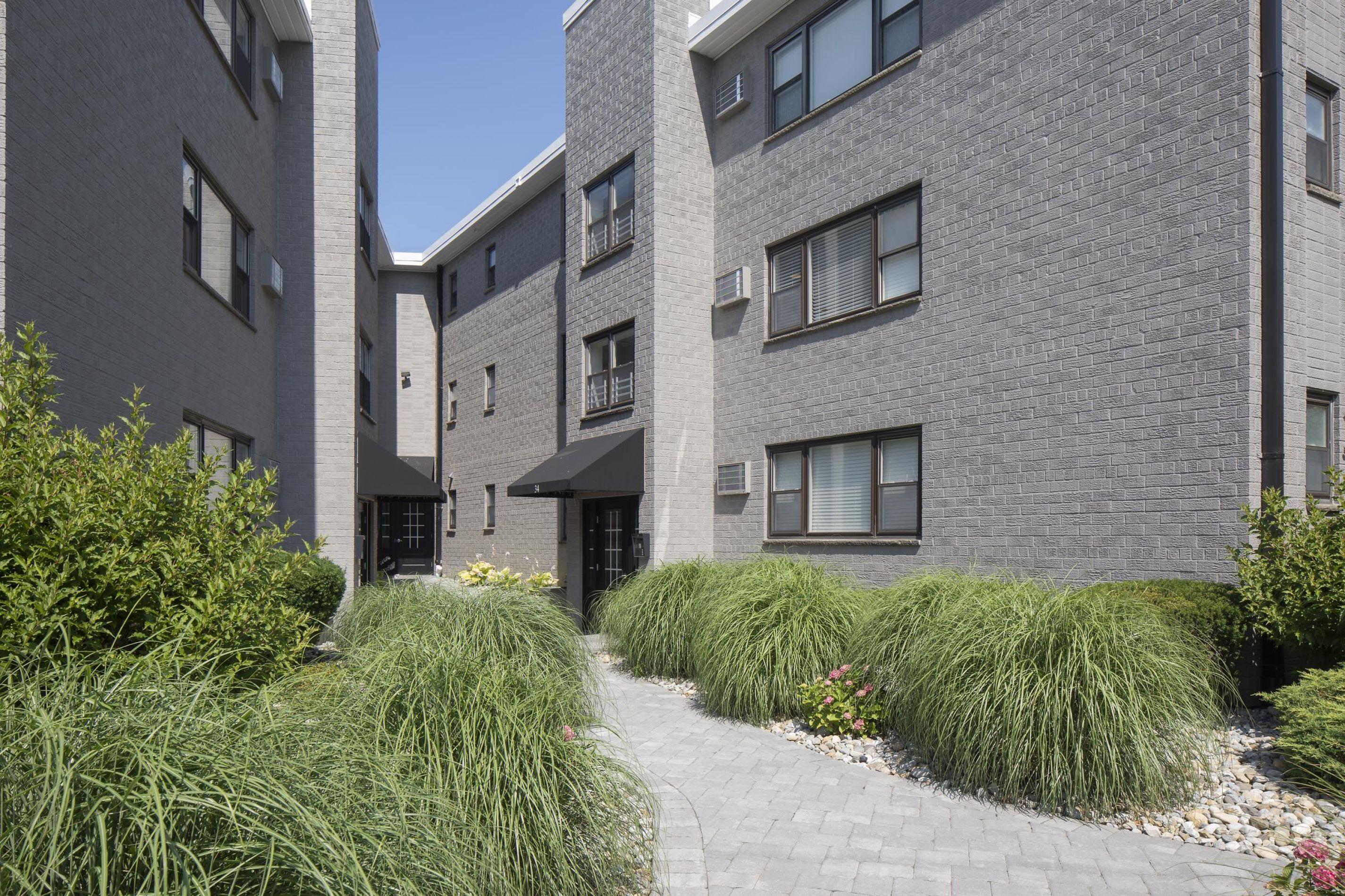 A paved walkway lined with bushes leads to entrances of modern gray brick apartment buildings.