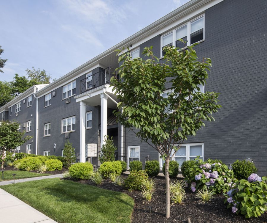 A modern gray apartment building with white trim, landscaped bushes, and small trees along a sidewalk.