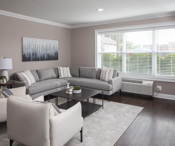 Modern living room with gray sectional sofa, two armchairs, large window, and a potted plant on dark wood floors.