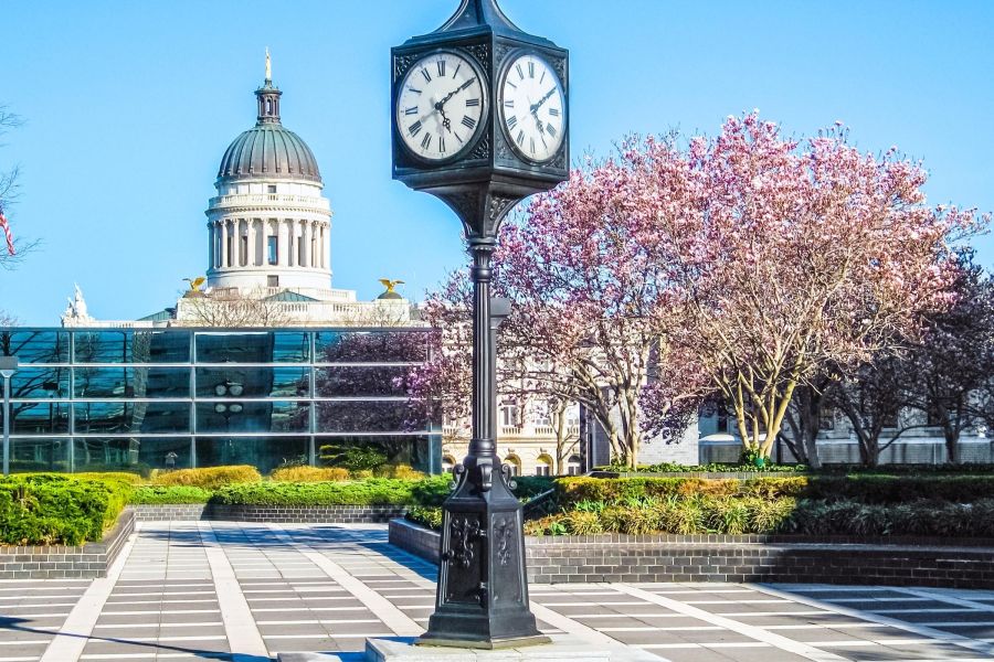 A clock stands in a plaza with blooming trees and a domed building in the background under a clear sky.